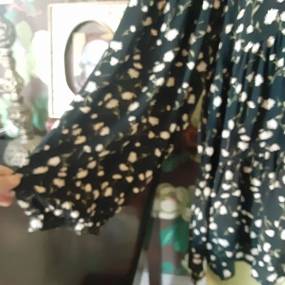 American Eagle XL Black Floral Babydoll Tunic Top Boho Peasant Long Sleeve - Picture 5 of 15